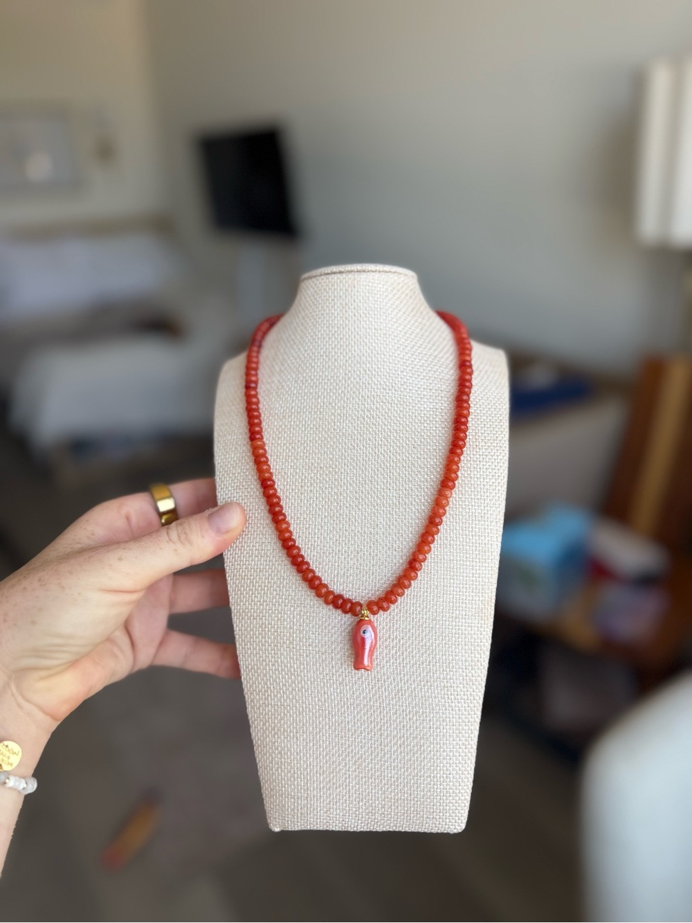 Red Beaded Necklace with Red fish Pendant